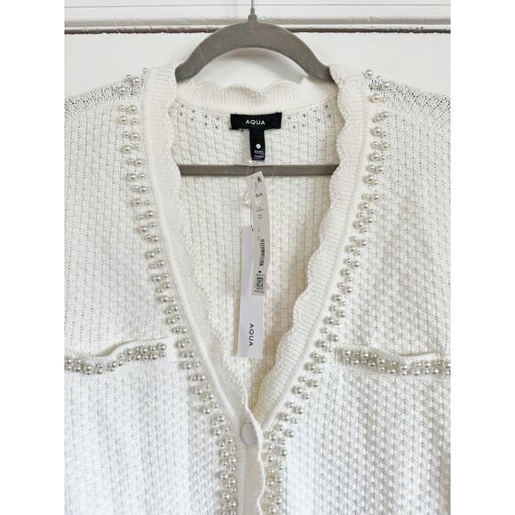 AQUA BLOOMINGDALES FAUX PEARL EMBELLISHED CARDIGAN - Picture 7 of 8